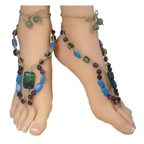 Gemstone Barefoot Sandals with Purple Amethyst, Green Aventurine, & Blue Magnesite Stone Beads. One of a Kind Jewelry!