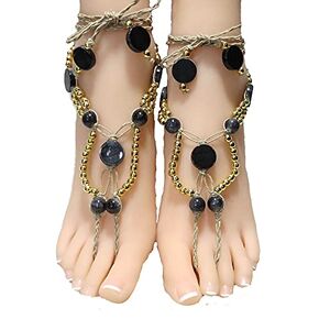 One of a Kind Black, Grey, and Gold Beaded Barefoot Sandals