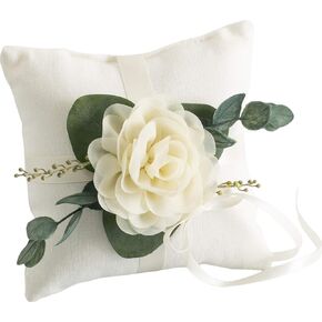 Ring Bearer Pillow - Ivory Linen-look Ring Bearer Pillow - Wedding Ring Pillow - Modern Ring Bearer Cushion with Eucalyptus Greenery by Ragga Wedding