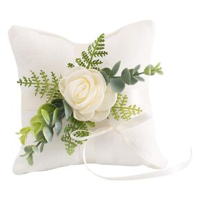 Ring Bearer Pillow - Linen-look Wedding Ring Cushion - Vintage Inspired Wedding Ring Pillow w/Greenery by Ragga Wedding
