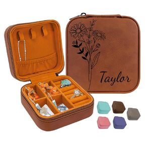Personalized Birth Flower Jewelry Travel Case, Birth Month Flower Gift, Birthday Gift, Leather Jewelry Travel Case, Custom Jewelry Case, Mother's Day Gift Boxes Organiser Decoration, Anniversary Gift