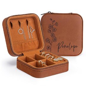 Custom Leather Jewelry Box w/Name & Birth Flower Month - Birthday Gifts for Women, Mom Personalized Jewelry Travel Case, Bridesmaid Gifts