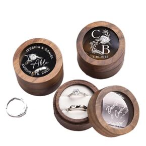 Personalized Wedding Ring Box,Custom Elegant and Retro Wooden Round Ring Holder with Name & Date,Round Wooden Ring Box with Clear Acrylic Cover,Double Ring Holder for Ceremony, Engagement,Bridal Gift
