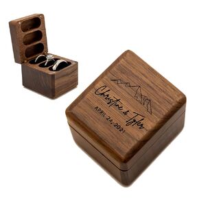 MUUJEE Personalized 3 Slot Wood Ring Box - 2.25 x 2 x 2 Couples Names and Date Rings Case in Brown Walnut Jewelry Holder for Womens Men Engagement Anniversary Couples Wedding and Bearer Box