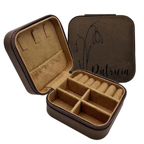 Personalized Vegan Leather Jewelry Box for Women | Travel Custom Jewelry Organizer Case with Name and Birth Flower for Rings Earrings Necklaces (Rawhide)