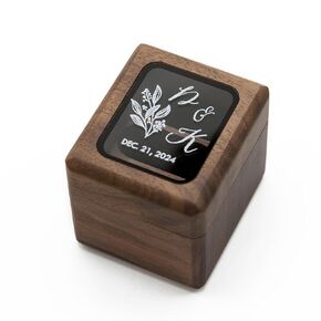 Double Flip w/Glass Lid (Design 2) - Custom Dark Wood Ring Bearer Box with Clear Top & Velvet Foam for Wedding Ceremony Proposal Engagement Party Anniversary Gift, Line Design, 2.25 x 2.25 x 1.75