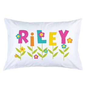 Girl's Floral Name Pillowcase, Personalized Pillow Case With Garden Flowers, Standard or Toddler Size