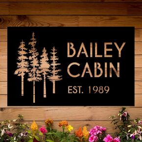 Personalized Metal Cabin Wall Art, Custom Pine Tree Metal Sign, Last Name Sign for Outdoor, Farmhouse Decor, Forest Design Family Name Sign, Mountain House Sign, Over Fireplace Art, Housewarming Gift