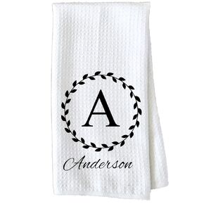 Personalized Kitchen Towel | Custom Tea Towel | Family Name Dish Towel | Kitchen Decor | Hand Towel | Housewarming Gift | Monogram Dishcloth (Wreath 5)