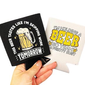 Funny Set of 2 Beer Drinker Can Holders, This Beer Tastes Like I'm Skipping Work Tomorrow and I'm Holding a Beer So Yeah I'm Pretty Busy Can Cooler, Father's Day, Stocking STuffer Gift