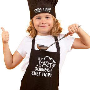 Personalized Kids Apron and Chef Hat Set, Funny Junior Chef Apron Christmas Gift for Kids, Boys, Girls, Adjustable Waterproof Child Apron with 2 pockets, Chef in Training Gifts for Boys and Girls