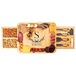 Personalized Bamboo Charcuterie Board with Drawer & Utensils – Custom Cheese & Cutting Board Gift for Wedding, Housewarming, Anniversary, Couples & Kitchen Use