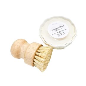 Eucalyptus Mint Solid Dish Washing Soap in Porcelain Ramekin and Bamboo Handle Brush Bundle - 3-Piece Set
