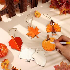 Thanksgiving Pumpkin Turkey Hanging Wooden Decoration, Halloween Maple Leaf Wooden Crafts, Pack of 9 (mix style)