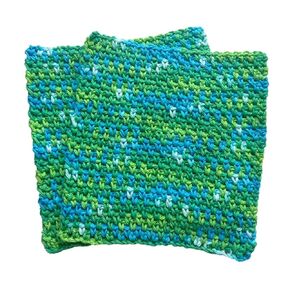 Green Blue Oasis Handmade Crochet Dishcloth - Set of 2 - Approx 8x8" Inches Square