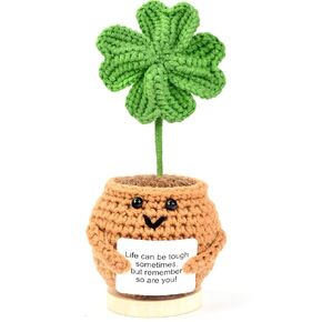 Emotional Support Crochet Four Leaf Clover Cheer Up Gifts Good Luck Gifts for Women, Handmade Plush Gift with Encouragement Card for Desk Decor, Home or Office Decoration