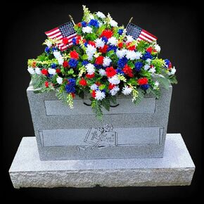 Cemetery Saddle Veteran Memorial Decoration - Realistic Silk Faux Floral Artificial Grave Flowers - Red White and Blue Patriotic Mini Mums for Headstone Decorating