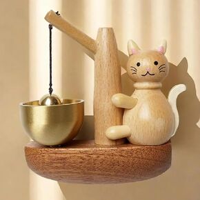 Fishing Cat Wooden Doorbell - Brass & Magnetic Doorbell Hanging Decoration, Animal Shaped Shopkeeper Bell For Door Opening, Cute Housewarming Gift for a Cozy Home (Beech)