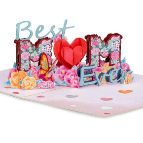 Best Mom Ever 3D Pop Up Card – Handmade Mother’s Day Card with Heart and Flowers – Unique Floral Greeting Card for Mom, Birthday, or Thank You – Includes Envelope and Note Tag