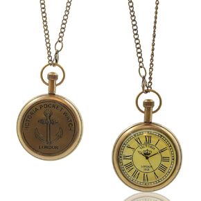 2'' Victoria London Brass Pocket Watch with Chain - Antique Roman Numerals Men's Accessory, Engraved Back, Retro Father's Day Gift