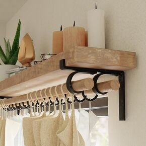 MKsteelco double curtain rod shelf brackets handmade - heavy duty above window bracket, wall rod support, blinds & shelves & rods holder, black decorative iron dowel supports (6" deep brackets)