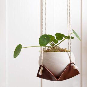 KEYAIIRA - Leather Plant Hanger - boho indoor modern plant pot holder macrame hanging basket for large and small plants Scandinavian decor indoor jungle hanging planter shelf hammock