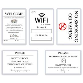 5 Essential Air BnB Signs for Hosts Set, Magnetic Welcome Wifi Password, No Smoking Do Not Flush Signage for Bathroom, Lock Door, 4"×6" Laminated Vacation Rental Customer Service Improvement Signs