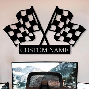 Custom Checkered Flag Racing Sign, Checkered Flag Monogram, Personalized Gift for Racer, Custom Start Finish Flag Name Sign, Racing Flag Metal Wall Art, Gift for Dad, Father, Grandpa, Home Decoration