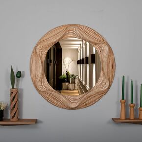 Round Wooden Wall Mirror - Unique Irregular Wavy Frame, Minimalist Wall Decor for Bathroom, Bedroom & Entryway | EnzArtDecor