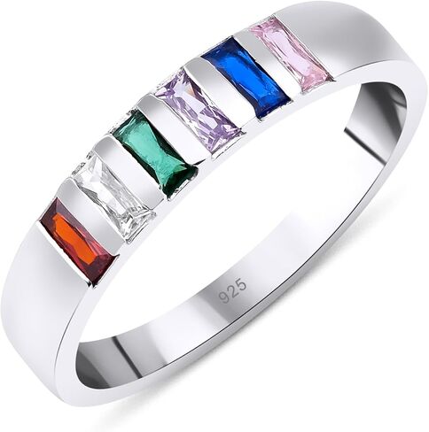 1-6 Baguette Baguette Birthstones خاتم فريد من نوعه ، هدية الحد الأدنى ، خاتم الأسرة المصنوع يدويًا ، حلقة مخصصة للذهب الفضي ، هدية مخصصة ، هدية يوم الأم ، الذهب 14K و 925 كيلو فضي in Kuwait