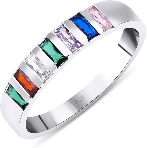 1-6 Baguette Baguette Birthstones خاتم فريد من نوعه ، هدية الحد الأدنى ، خاتم الأسرة المصنوع يدويًا ، حلقة مخصصة للذهب الفضي ، هدية مخصصة ، هدية يوم الأم ، الذهب 14K و 925 كيلو فضي in Kuwait