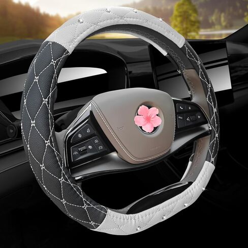 Leather Steering Wheel Cover, Breathable Anti-Slip Black White Universal Fit 14" 1/2-15" Car Wheel Protector for Women Girl Fit Suvs,Vans,Sedans,Car,Trucks (Black) in Kuwait