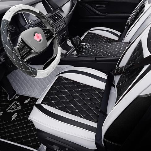 Leather Steering Wheel Cover, Breathable Anti-Slip Black White Universal Fit 14" 1/2-15" Car Wheel Protector for Women Girl Fit Suvs,Vans,Sedans,Car,Trucks (Black) in Kuwait