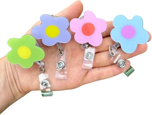 Cute Flower Badge Reel Pastel Badge Reel Nurse Badge Holder Retractable Badge Reel Work Badge Acrylic Badge reel (Purple, Belt Clip) in Saudi Arabia