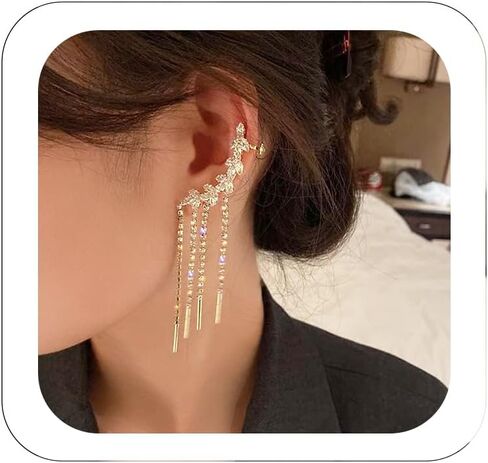 YRlilicc Cubic Zirconia Long Tassel Stud Earrings Ear Cuffs for Women 14K Gold Plated Rhinestone Tassel Dangle Teardrop Climber Wrap Around Earrings Hypoallergenic Piercing Jewelry Gift in Kuwait