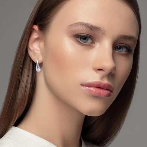 Silver Teardrop Pull Through Earrings – Modern Tear Drop Earrings for Women, Silver Minimalist Tear Drop Jewelry for All Occasions in Saudi Arabia