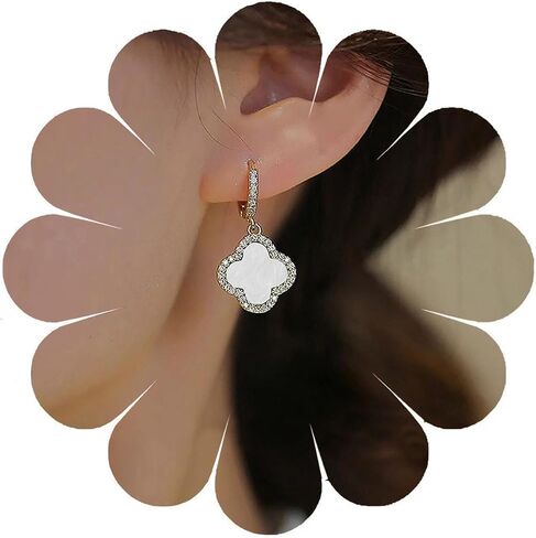 Boho Four Leaf Clover Earrings White Clover Earrings Crystal Clover Dangle Earrings Cz Huggie Hoop Earrings Jewelry for Women and Girls Gifts (White) in Saudi Arabia