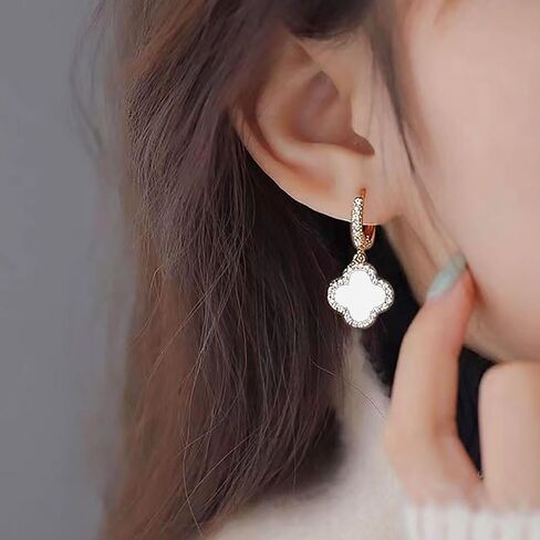 Boho Four Leaf Clover Earrings White Clover Earrings Crystal Clover Dangle Earrings Cz Huggie Hoop Earrings Jewelry for Women and Girls Gifts (White) in Saudi Arabia