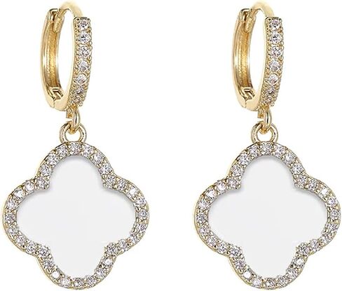 Boho Four Leaf Clover Earrings White Clover Earrings Crystal Clover Dangle Earrings Cz Huggie Hoop Earrings Jewelry for Women and Girls Gifts (White) in Saudi Arabia