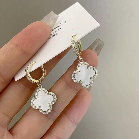 Boho Four Leaf Clover Earrings White Clover Earrings Crystal Clover Dangle Earrings Cz Huggie Hoop Earrings Jewelry for Women and Girls Gifts (White) in Saudi Arabia