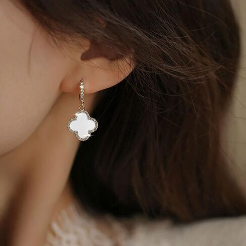 Boho Four Leaf Clover Earrings White Clover Earrings Crystal Clover Dangle Earrings Cz Huggie Hoop Earrings Jewelry for Women and Girls Gifts (White) in Saudi Arabia