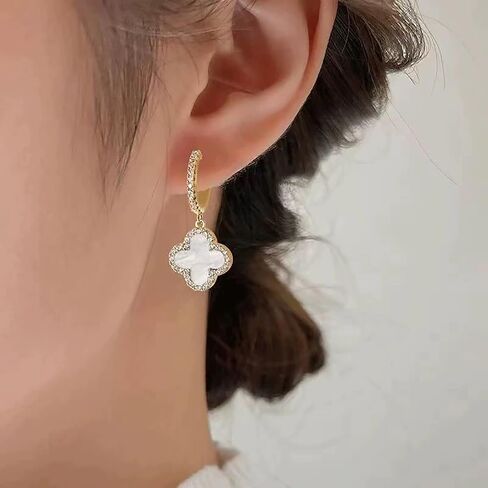 Boho Four Leaf Clover Earrings White Clover Earrings Crystal Clover Dangle Earrings Cz Huggie Hoop Earrings Jewelry for Women and Girls Gifts (White) in Saudi Arabia
