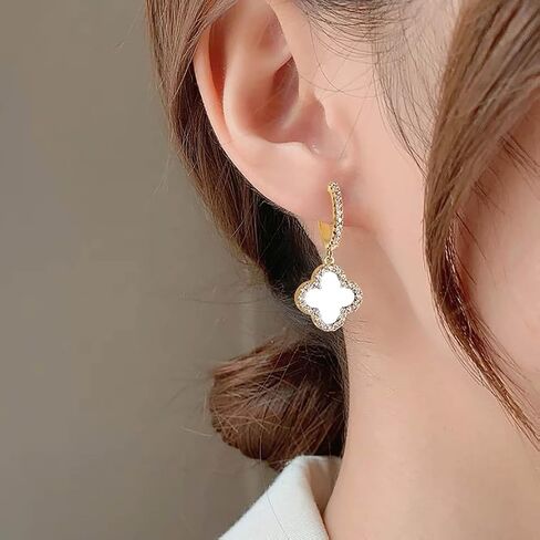 Boho Four Leaf Clover Earrings White Clover Earrings Crystal Clover Dangle Earrings Cz Huggie Hoop Earrings Jewelry for Women and Girls Gifts (White) in Saudi Arabia