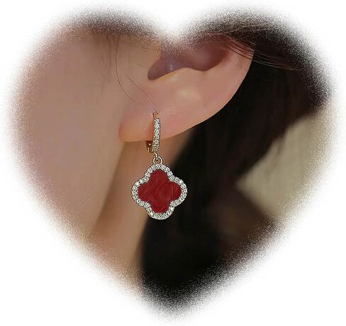 Boho Four Leaf Clover Earrings White Clover Earrings Crystal Clover Dangle Earrings Cz Huggie Hoop Earrings Jewelry for Women and Girls Gifts (White) in Saudi Arabia