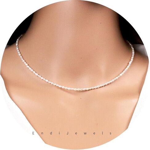 Tiny 2.5mm Natural Freshwater Pearl Choker, Real Genuine Rice-shaped Freshwater Pearls, Daily Dainty Minimalist Necklace, Gift for Women, Adjustable from 15-17 inches in Saudi Arabia