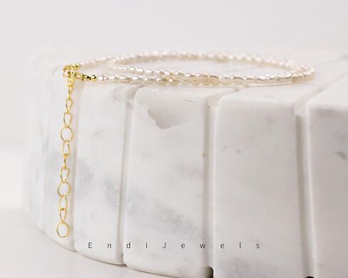 Tiny 2.5mm Natural Freshwater Pearl Choker, Real Genuine Rice-shaped Freshwater Pearls, Daily Dainty Minimalist Necklace, Gift for Women, Adjustable from 15-17 inches in Saudi Arabia