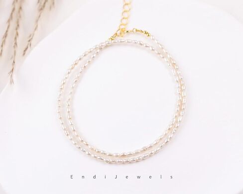 Tiny 2.5mm Natural Freshwater Pearl Choker, Real Genuine Rice-shaped Freshwater Pearls, Daily Dainty Minimalist Necklace, Gift for Women, Adjustable from 15-17 inches in Saudi Arabia