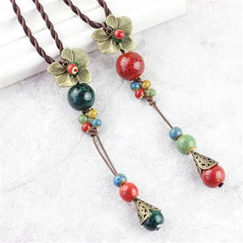 Boho Hippie Antique Flower Y Necklace for Women Vintage Colorful Ceramic Bead Long Strand Necklace Summer Statement Jewelry Gift (Red) in Saudi Arabia