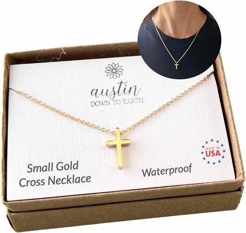 Gold Cross Necklaces for Women, 14k Gold Filled Dainty Cross Necklace, Religious Jewelry, Gift for Communion, Baptism, Layered Necklace, Austin Down to Earth (Gold, 16+2) in Kuwait