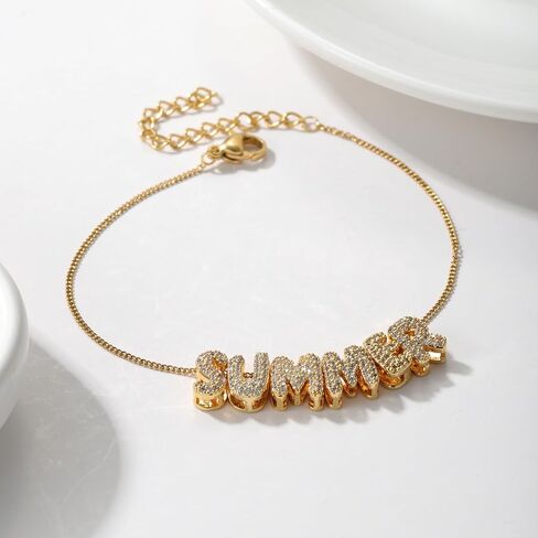 Bubble Letter Name Bracelet - Custom Name Bracelet - Personalized Initial Bracelets For Women - Cubic Zirconia Bracelet - Adjustable Chain Bracelet - Gift For Her in Saudi Arabia